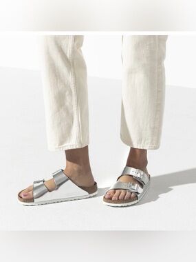 Birkenstock Silver Two-Strap Arizona Soft Footbed
